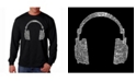 LA Pop Art Men's Word Art Long Sleeve T-Shirt- Headphones - 63 Genres of Music